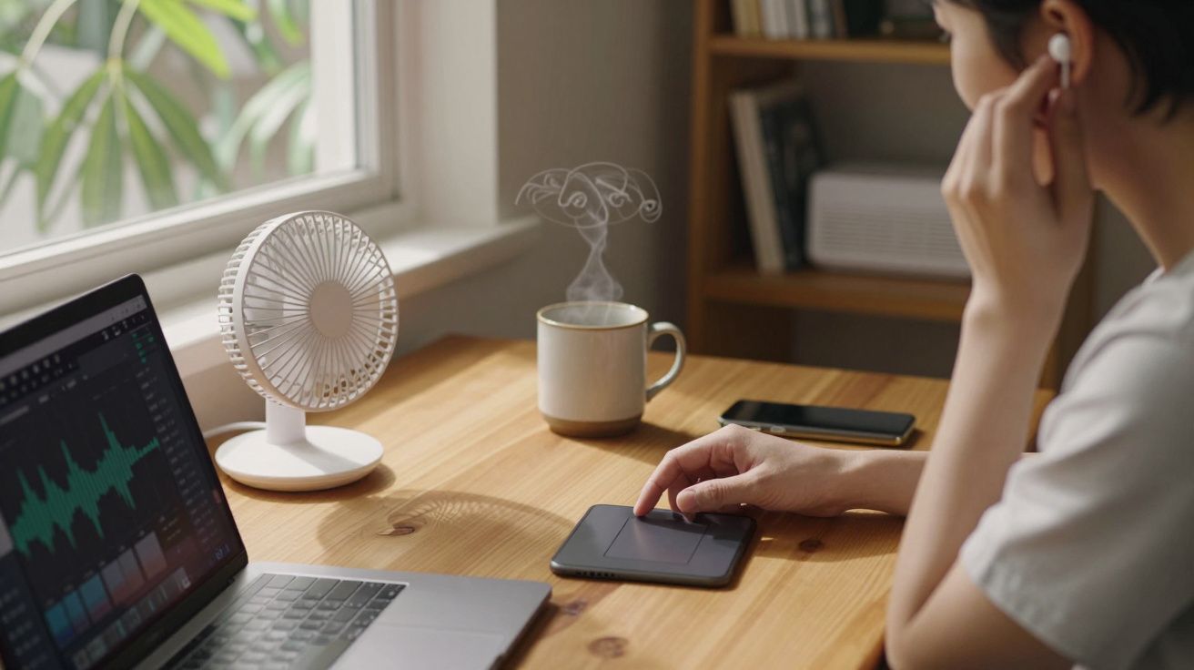 Person using a tablet at a wooden desk with a laptop, fan, steamy mug, and smartphone nearby, wearing earbuds.