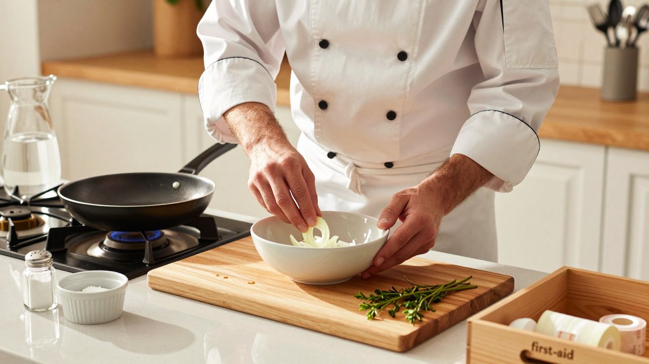 Chef in white uniform preparing ingredients beside a stove, with herbs and onions on a cutting board.