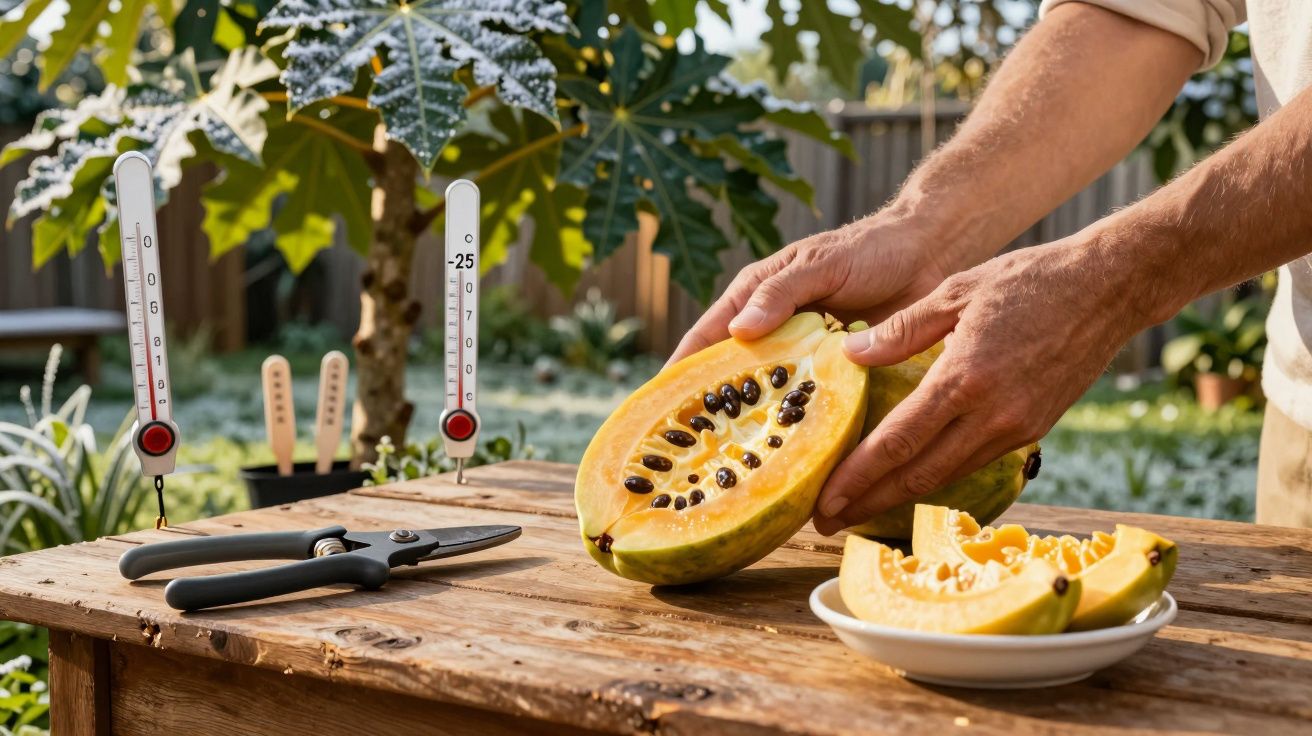 Person slicing papaya on a wooden table outdoors, with thermometers and gardening tools visible in the background.