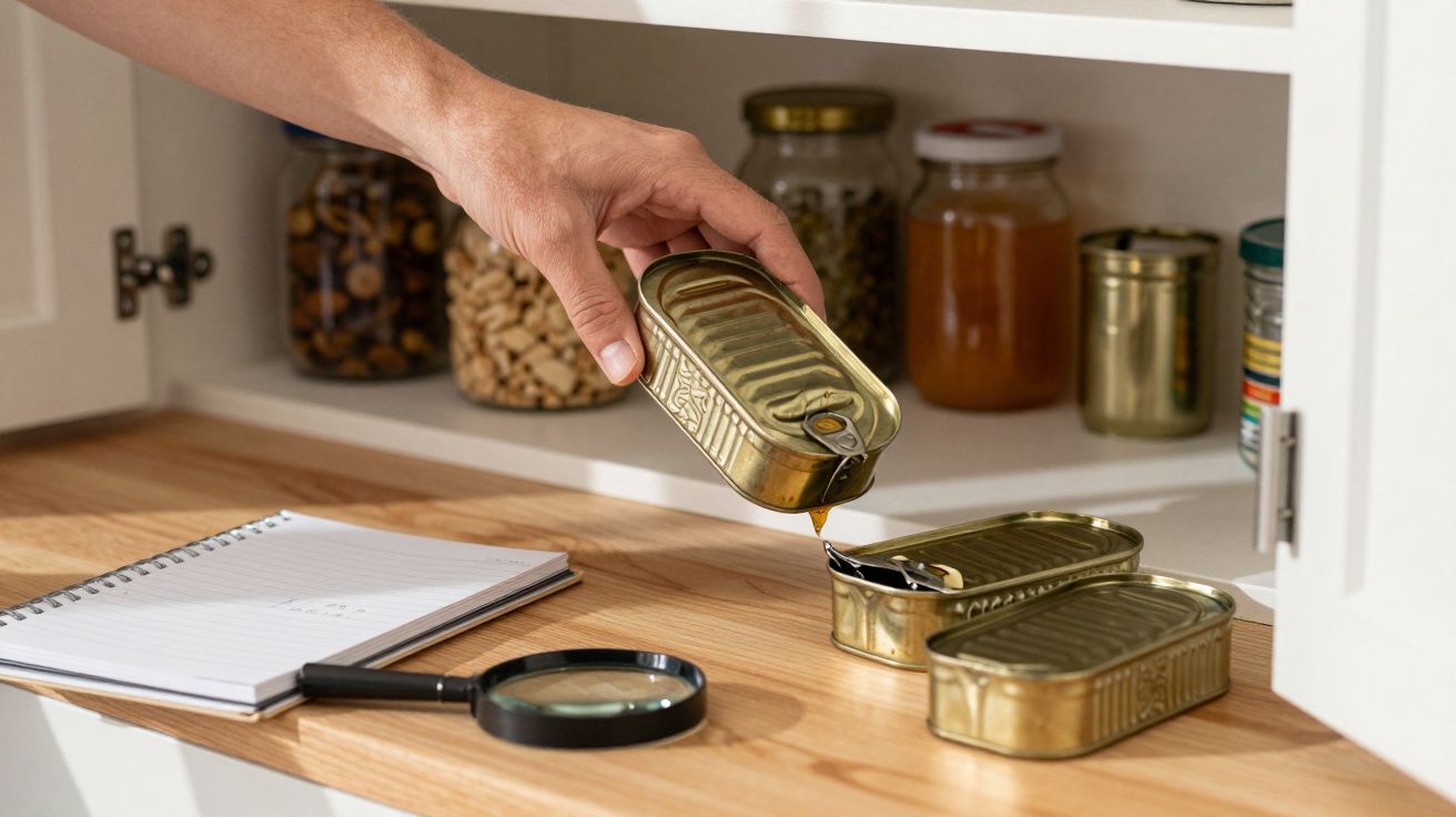 Hand pouring liquid from a tin can into another on a wooden surface with a notebook and magnifying glass nearby.