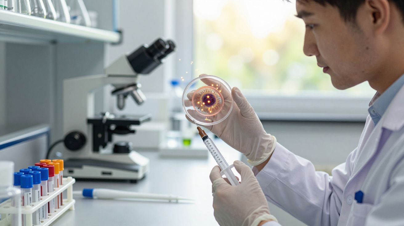 Scientist in lab coat examines petri dish with syringe, microscope and test tubes in background.