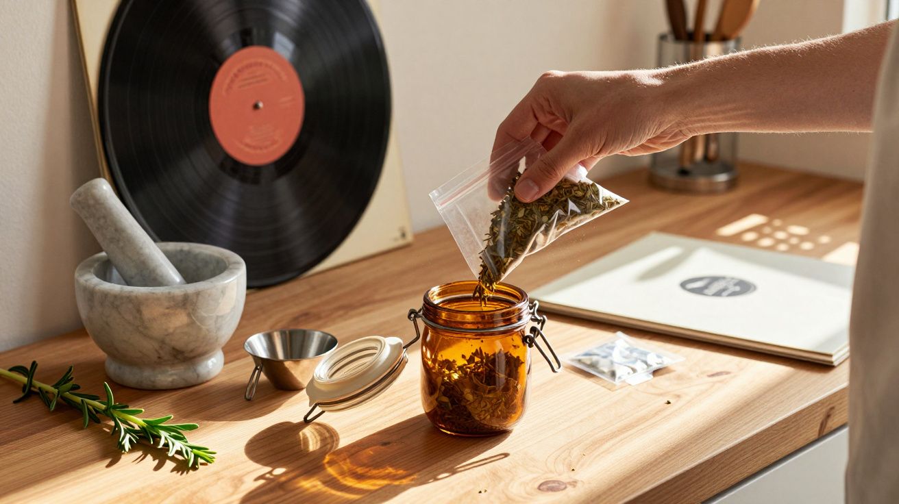 A person pours dried herbs into a jar on a wooden countertop, with a record, funnel, and rosemary nearby.