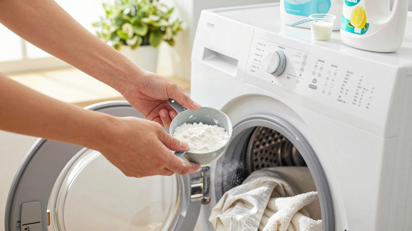 Person adding laundry powder to an open washing machine with white clothes inside.