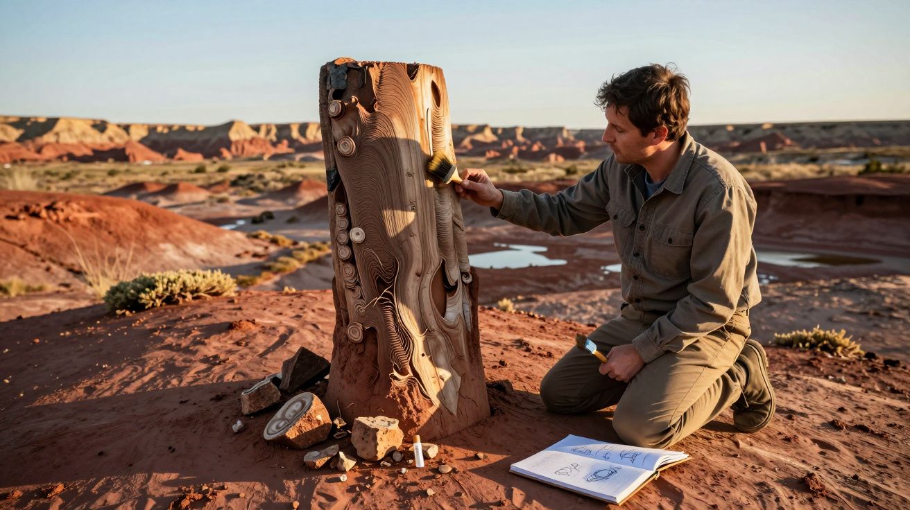 Archaeologist examines a sculpted stone with a brush in a desert landscape, notes and tools scattered around.