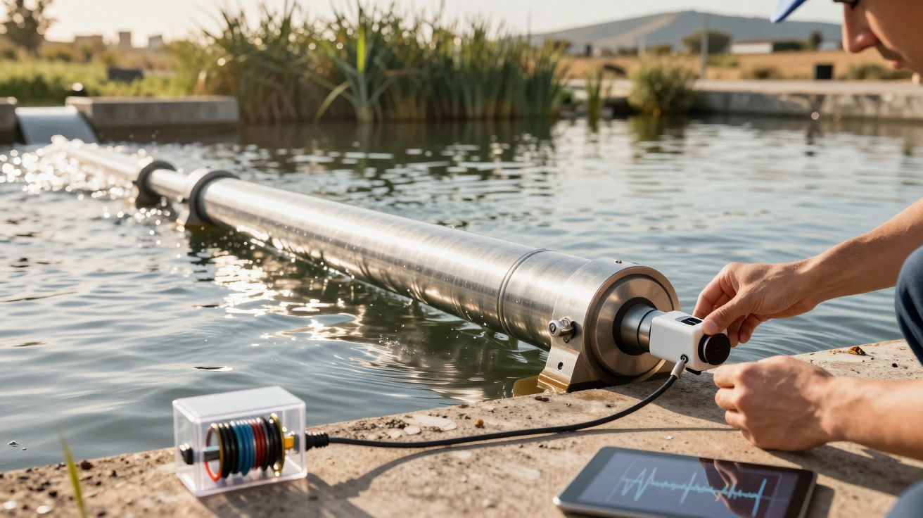 Person connecting a device to a metal pipe beside a pond, with a tablet and small electrical unit nearby.
