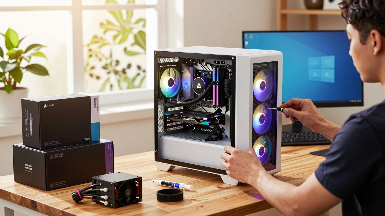 Person assembling a white gaming PC with RGB lighting on a wooden table, surrounded by computer components.