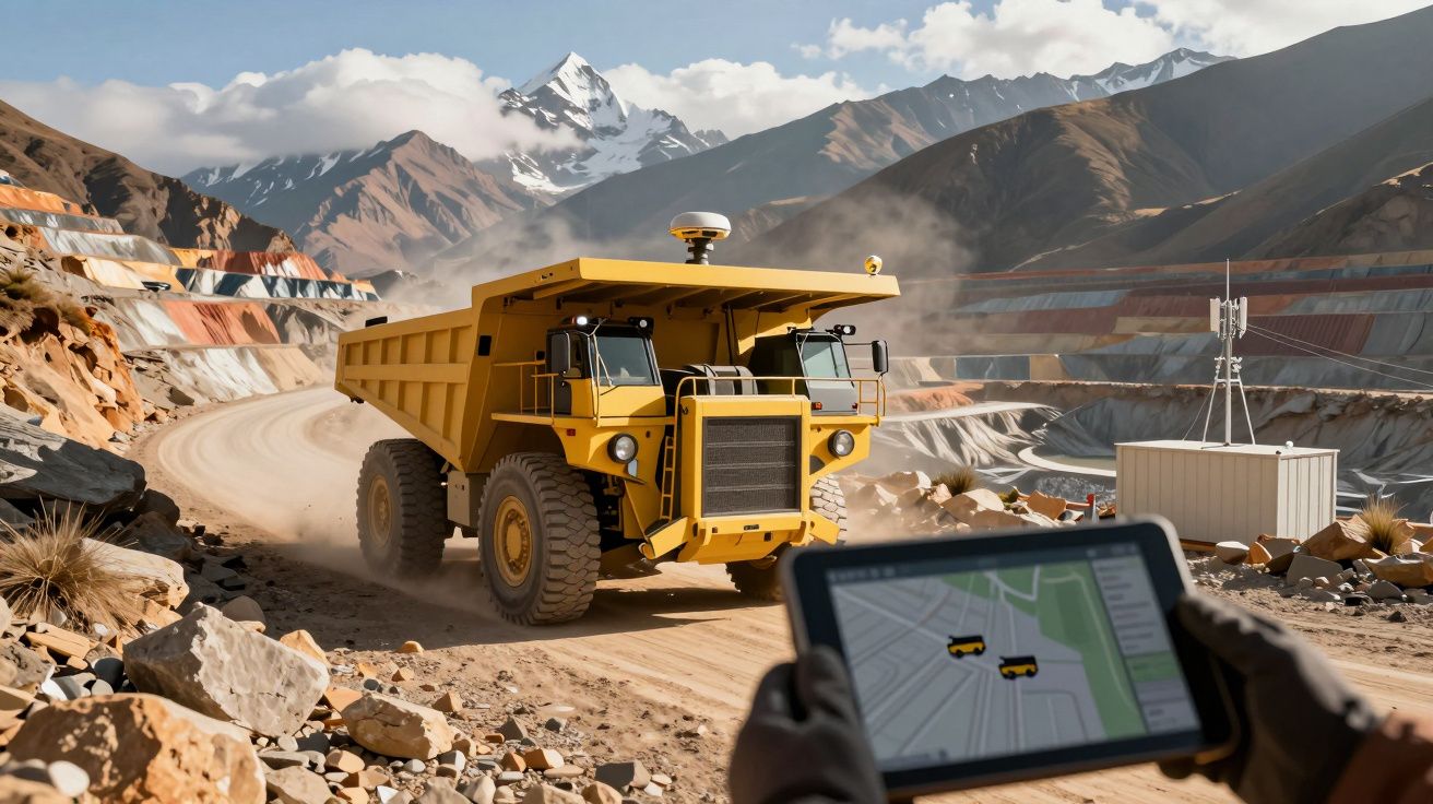 A yellow autonomous dump truck on a dusty mining road, monitored by a tablet showing its location.