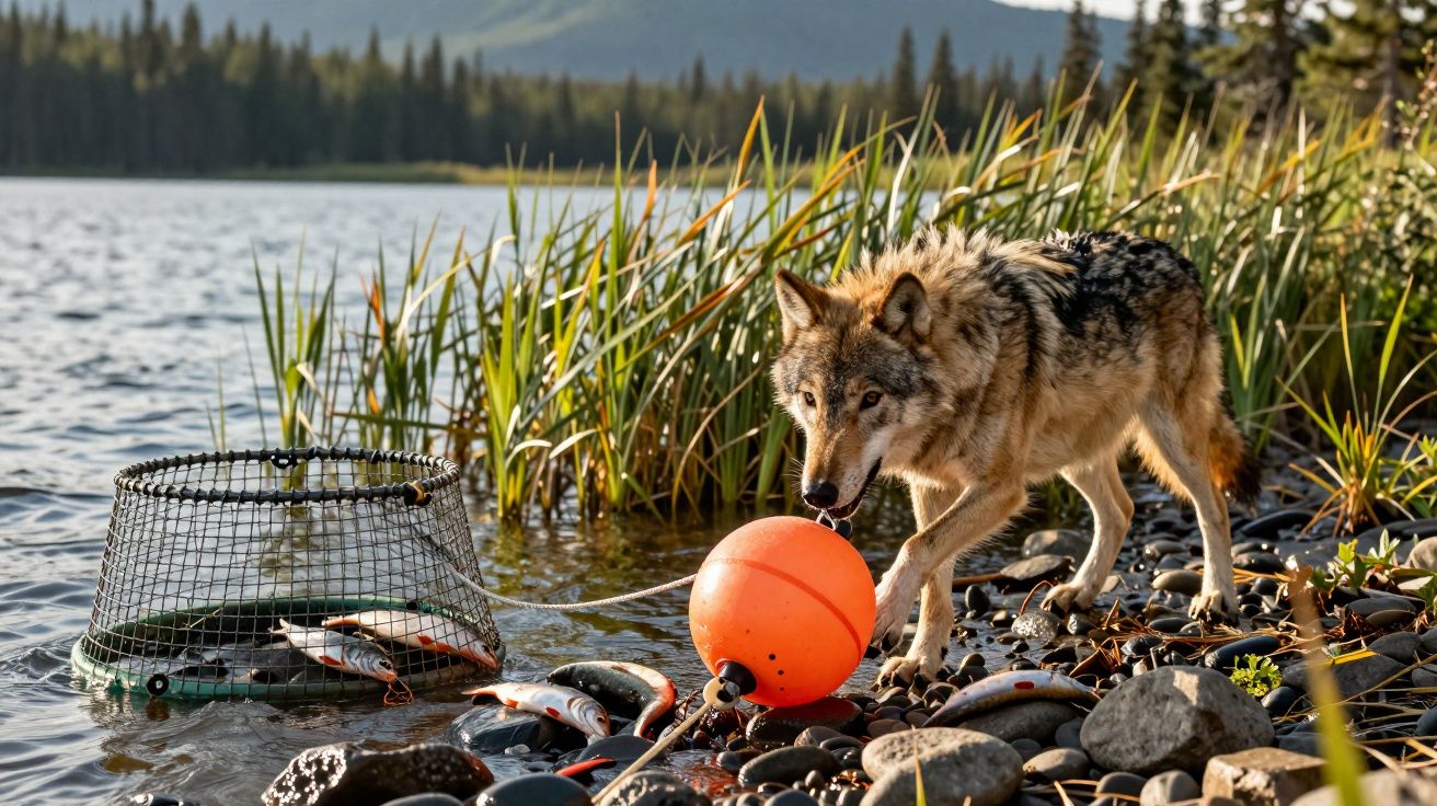 Wolf exploring a rocky lakeshore near a fish trap with an orange buoy, surrounded by reeds and mountains in the background.
