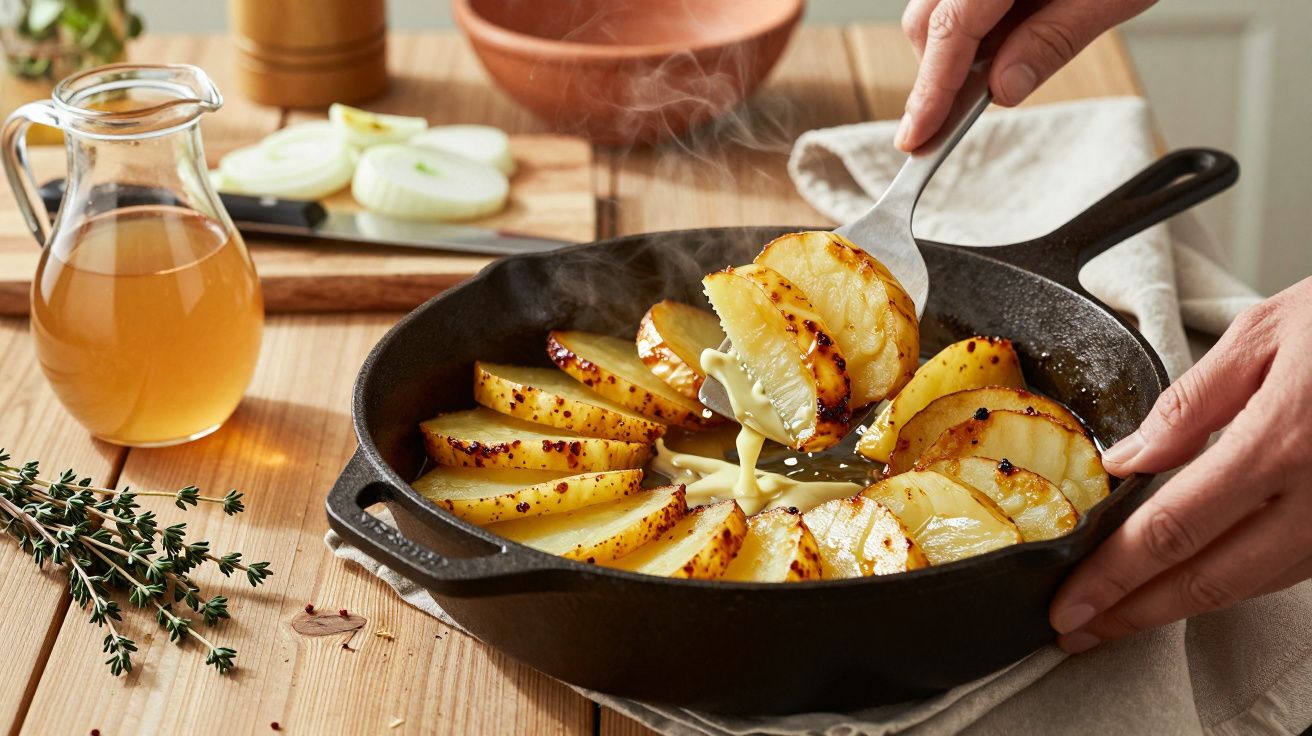Sliced potatoes sizzling in a cast-iron skillet with rosemary and onion on a wooden table.