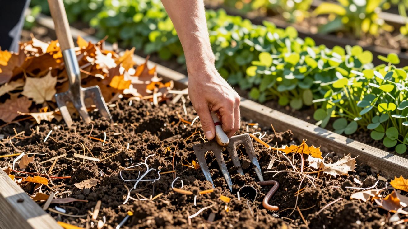 Hand using a garden fork to till soil in a planter box with autumn leaves and a worm, surrounded by green plants.