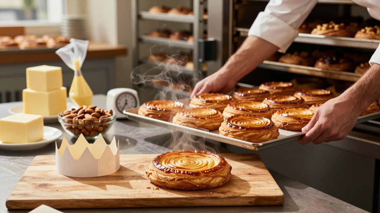 Baker placing a tray of steaming pastries on a wooden board with butter, almonds, cream, and cake crown on a table.