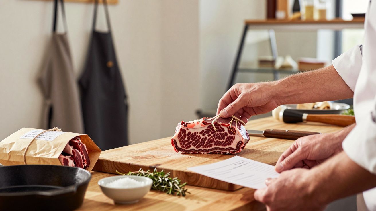 Chef selecting marbled beef steak from wooden counter in kitchen, with herbs and recipe sheet.