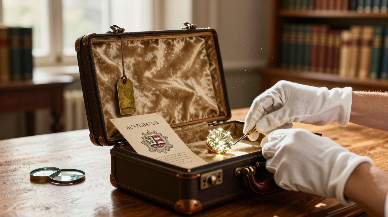 Gloved hands examine a large jewel inside an open vintage suitcase with a certificate on a wooden desk.