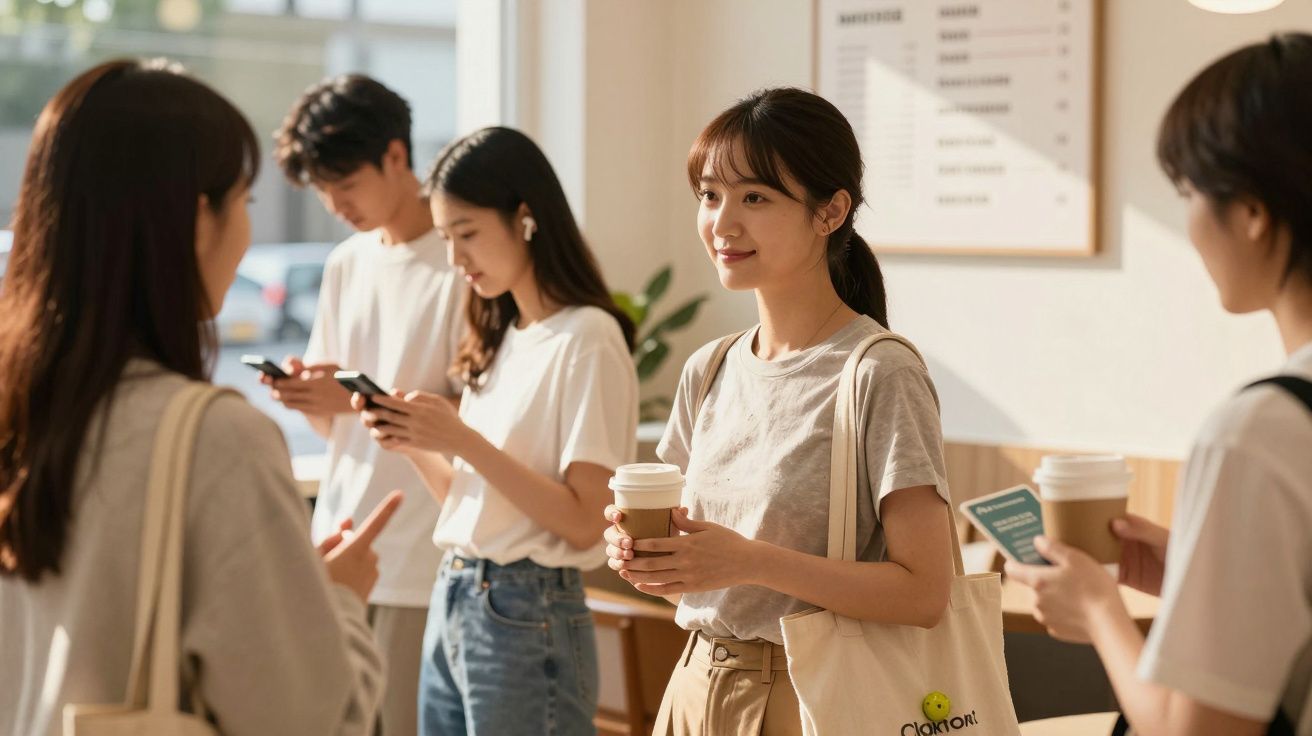 Group of young adults in a coffee shop, chatting and looking at phones, holding takeaway coffee cups, wearing casual clothes.