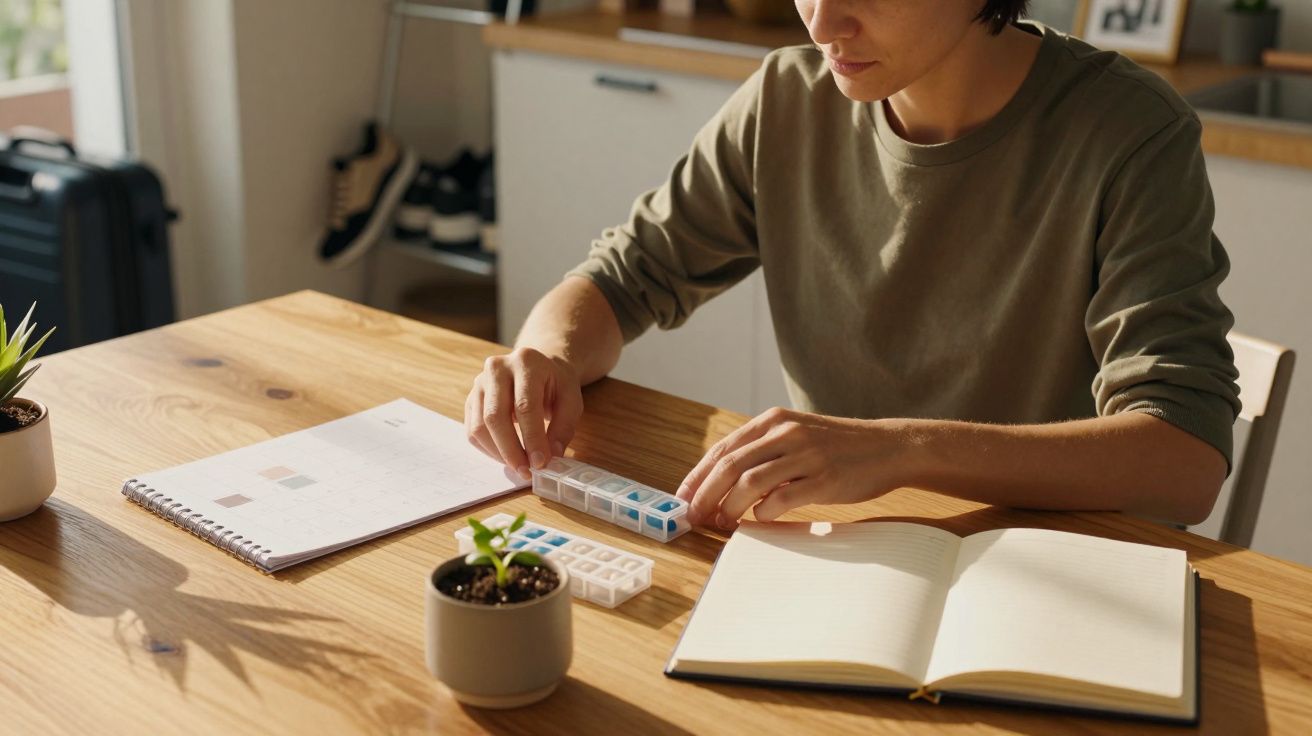Person arranging pills in a weekly organiser at a wooden table with a notebook, calendar, and small plants.