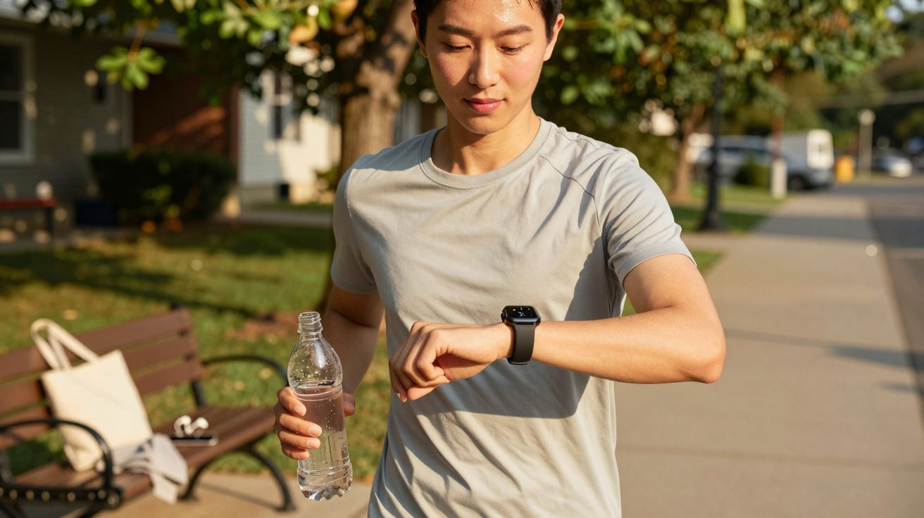 Person jogging outdoors, holding water bottle, checking smartwatch, sunny day.
