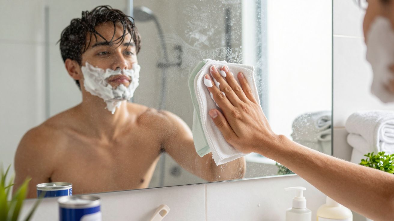 Man with shaving foam wipes a steamy bathroom mirror with a cloth, towels visible in the background.