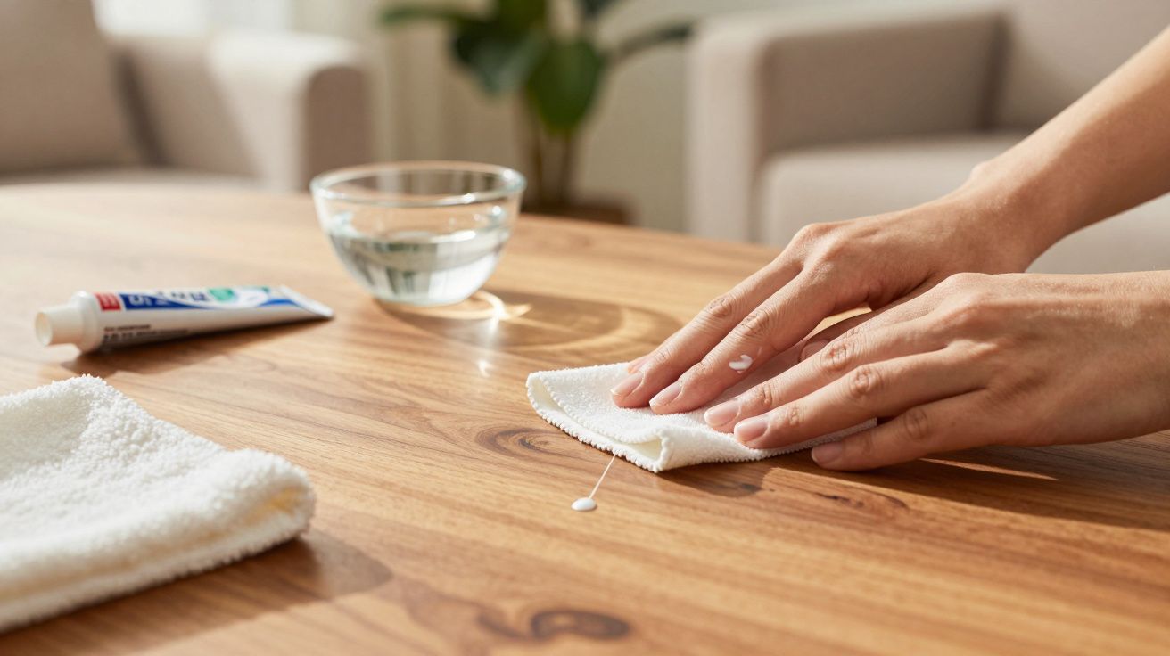 Hands cleaning wooden table with cloth and paste; glass bowl and tube on the surface.