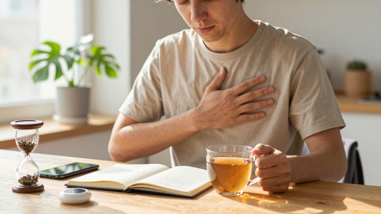 Person holding chest, sitting at a table with a cup of tea, open book, phone, hourglass, and plant in the background.
