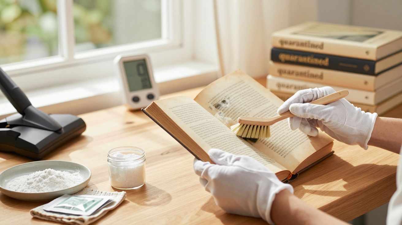Person cleaning a book with a brush, wearing white gloves, at a wooden desk with cleaning materials and books.
