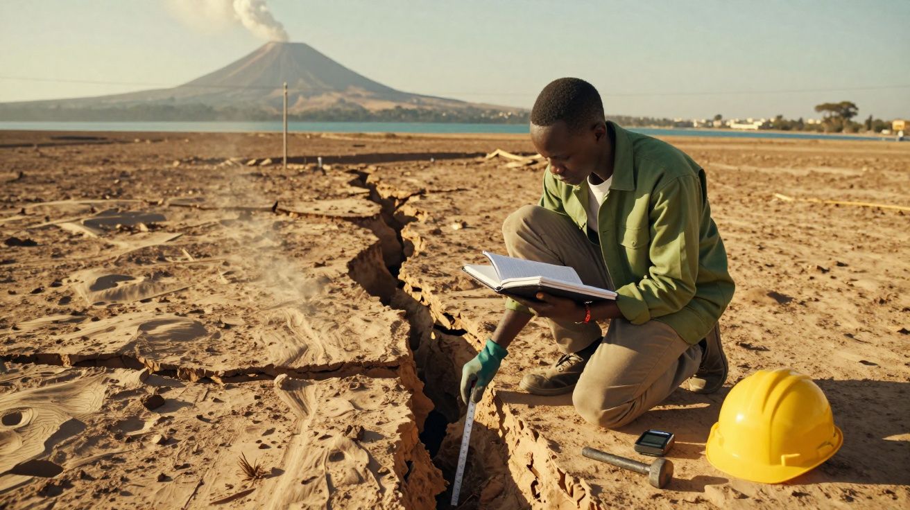 Researcher examines ground fissure near a volcano, holding a notebook and measuring tape. Helmet and tools nearby.
