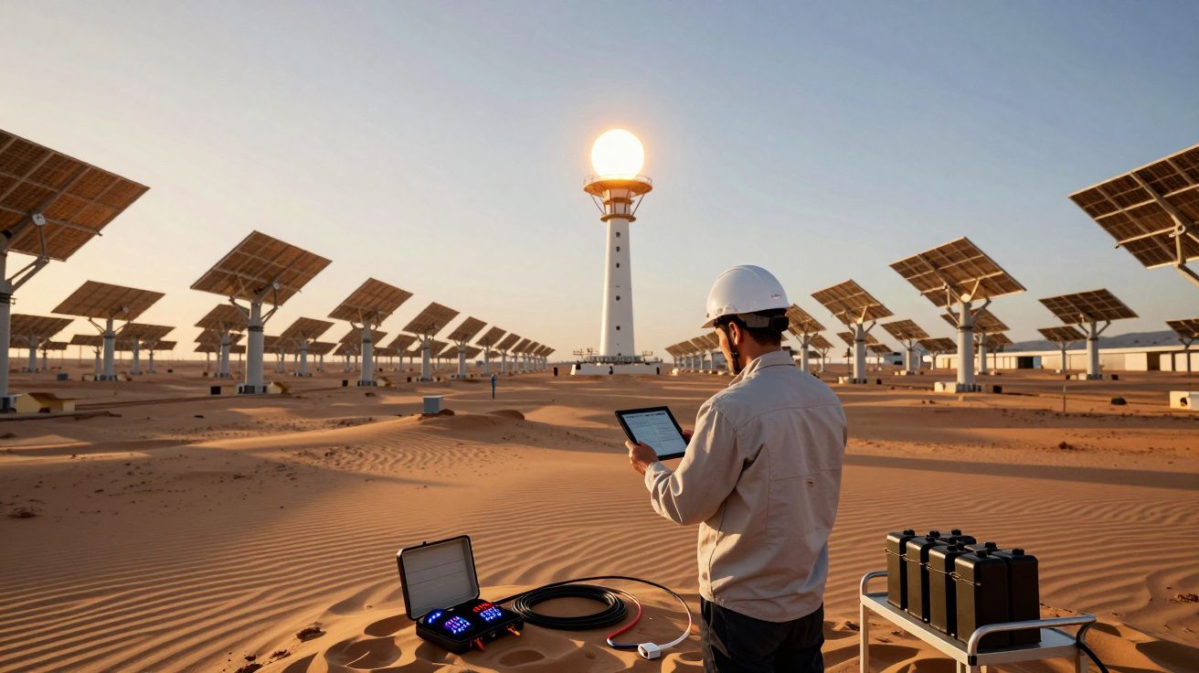 Engineer inspecting solar panels in desert, with solar tower in background at sunset, wearing hard hat and holding a tablet.