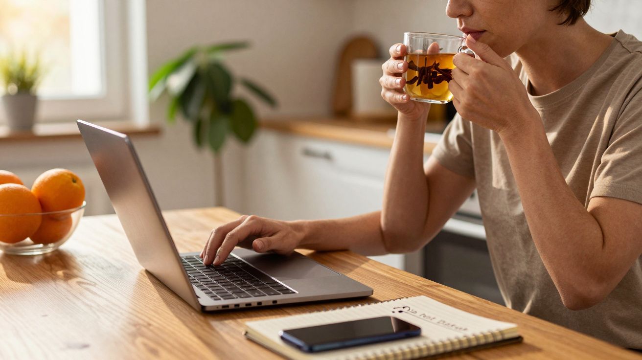 Person sips tea while using a laptop at a wooden table, notebook and phone beside them, with a bowl of oranges nearby.
