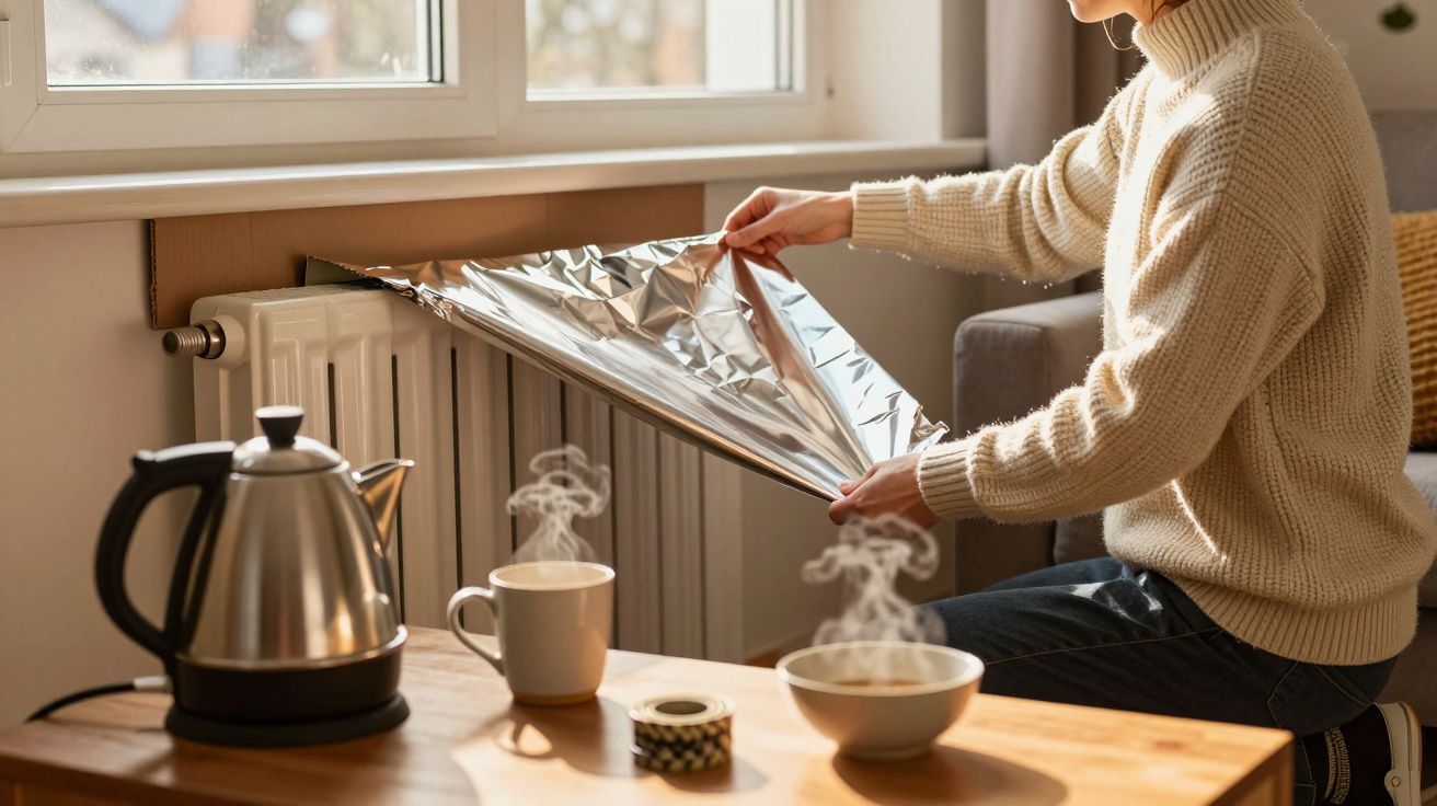 Person fitting foil behind radiator beside table with steaming cups and kettle.