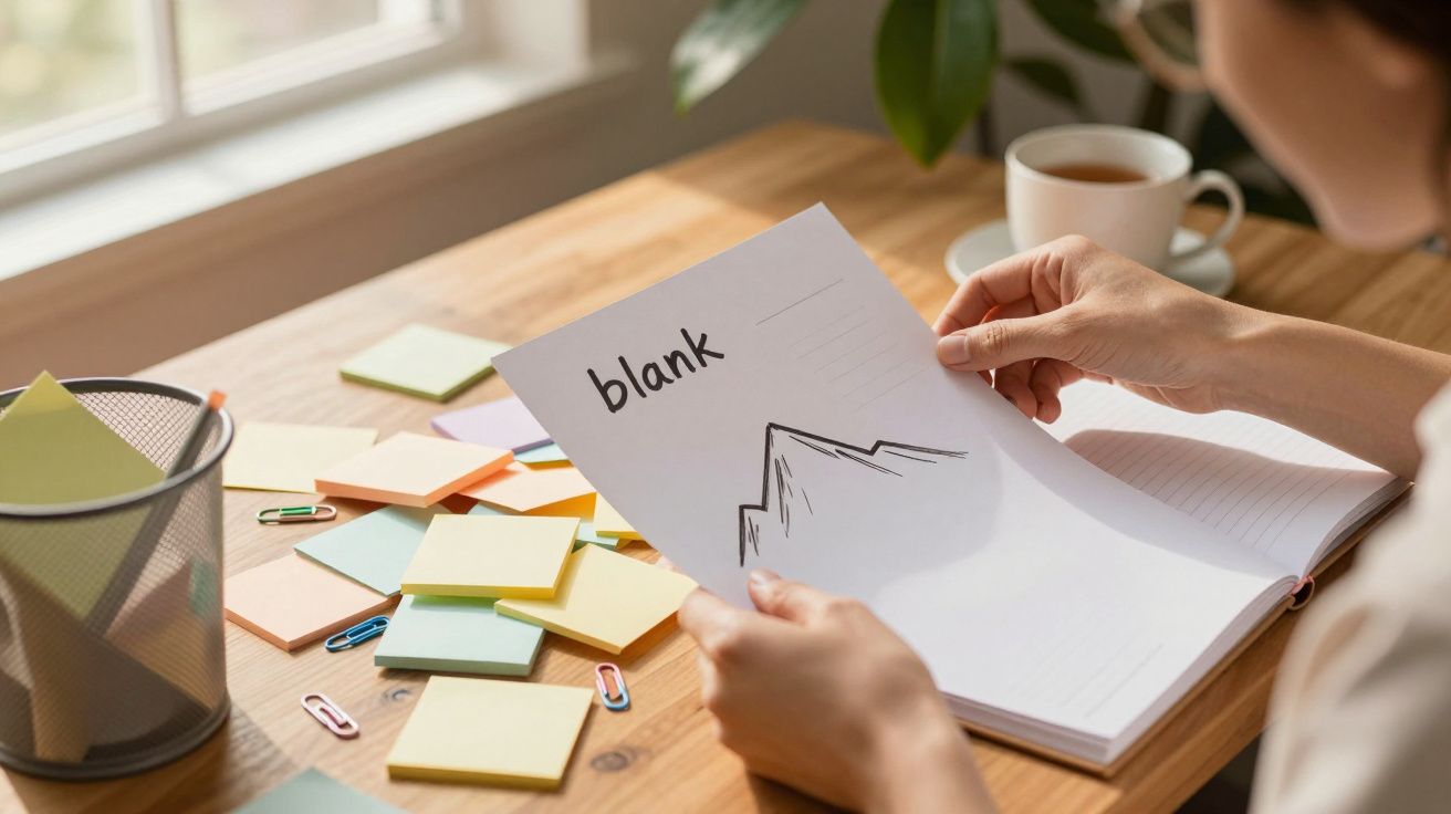 Person holding a notebook with a mountain drawing, surrounded by colourful sticky notes and paper clips on a desk.