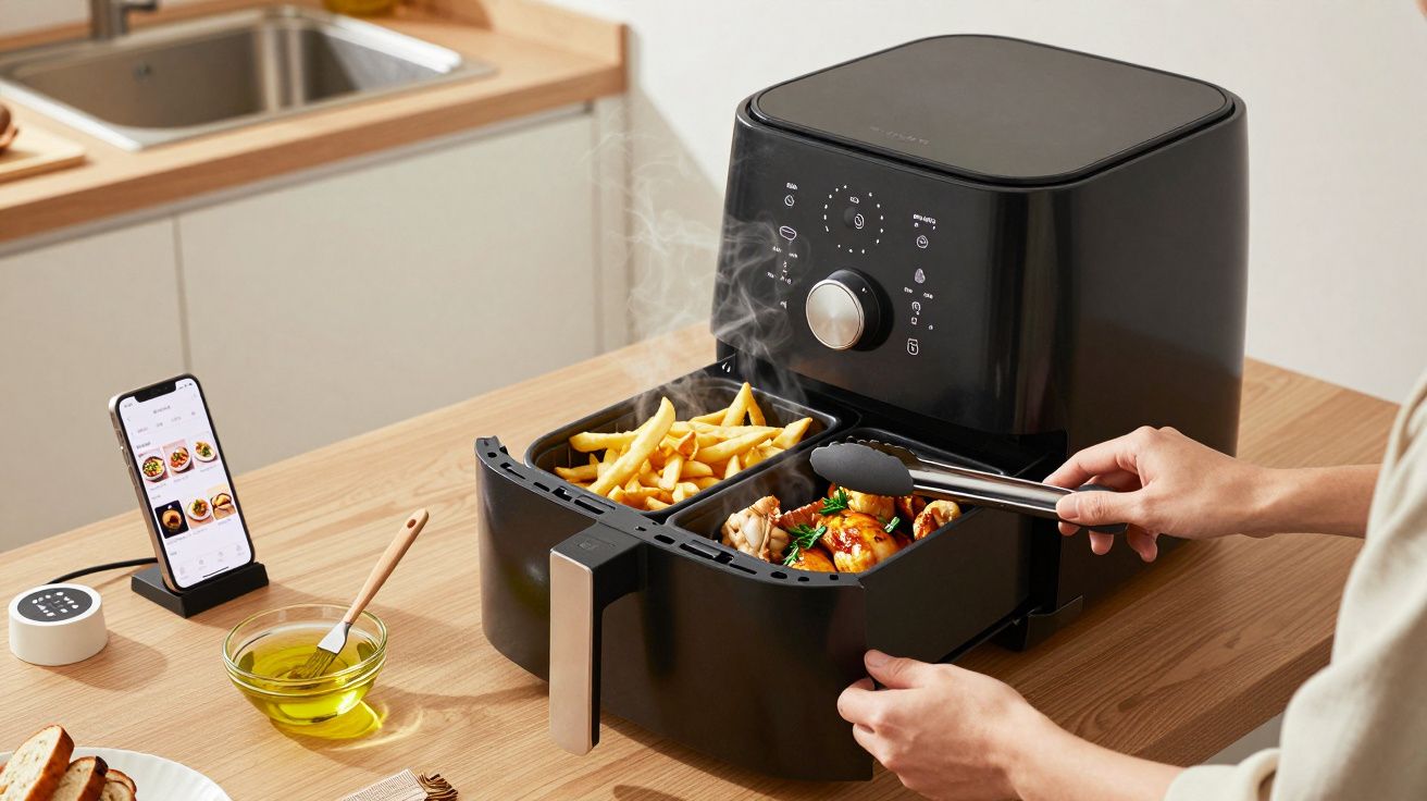 Person using a black air fryer to cook chips and chicken, with a phone app nearby on a wooden kitchen counter.