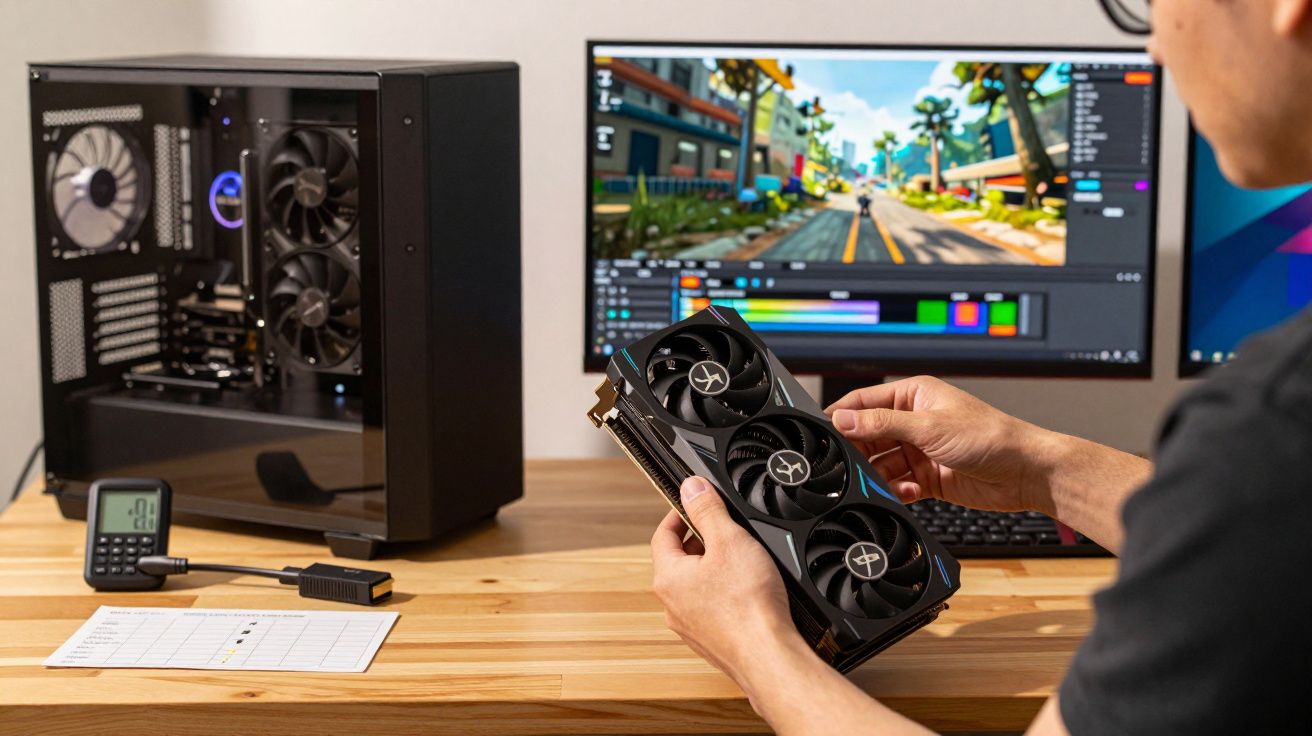 Person holding a graphics card next to gaming PC and monitor displaying a colourful game scene.