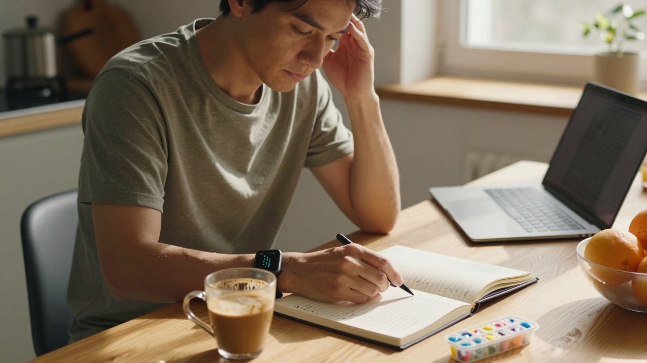 Man at table writing in notebook with laptop, coffee, and fruit bowl nearby, sunlight streaming through window.