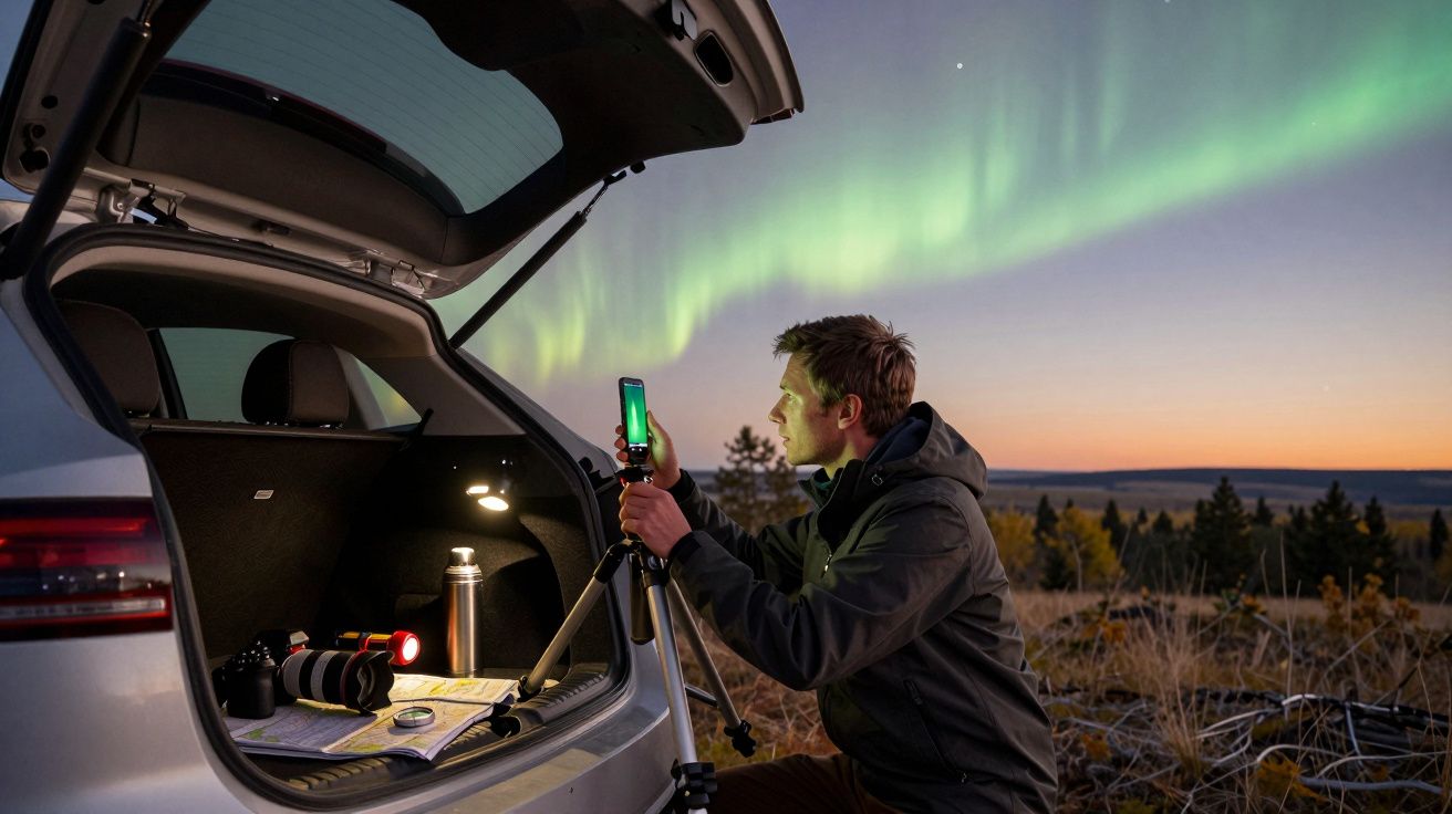 Person photographing Northern Lights with a smartphone, tripod, and car boot setup in a rural landscape at dusk.