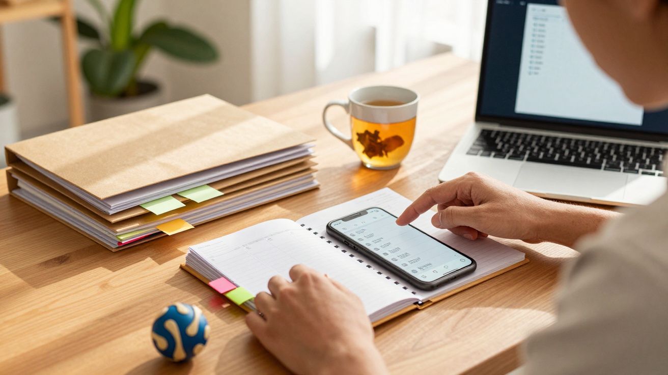 Person using a smartphone and laptop at a wooden desk with folders, a teacup, and a blue stress ball nearby.