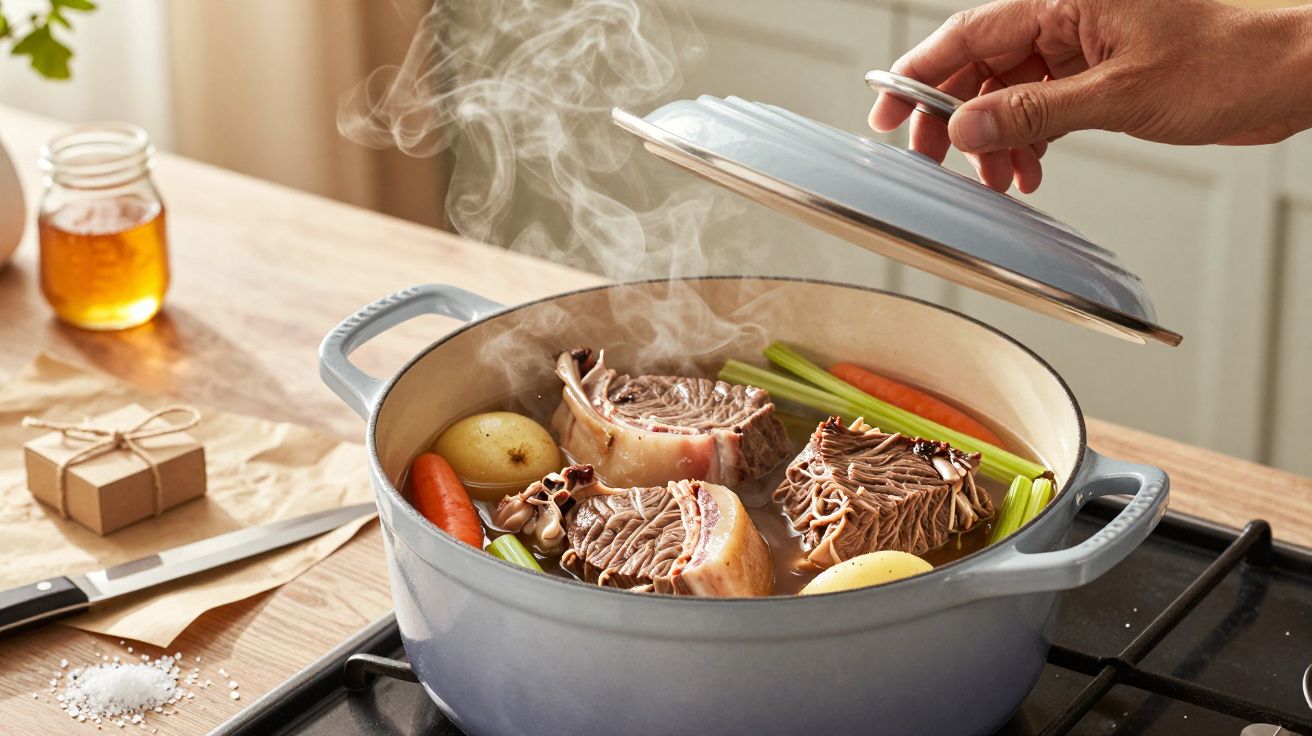 Steaming artichokes and vegetables in a blue pot on a hob, with a hand lifting the lid.