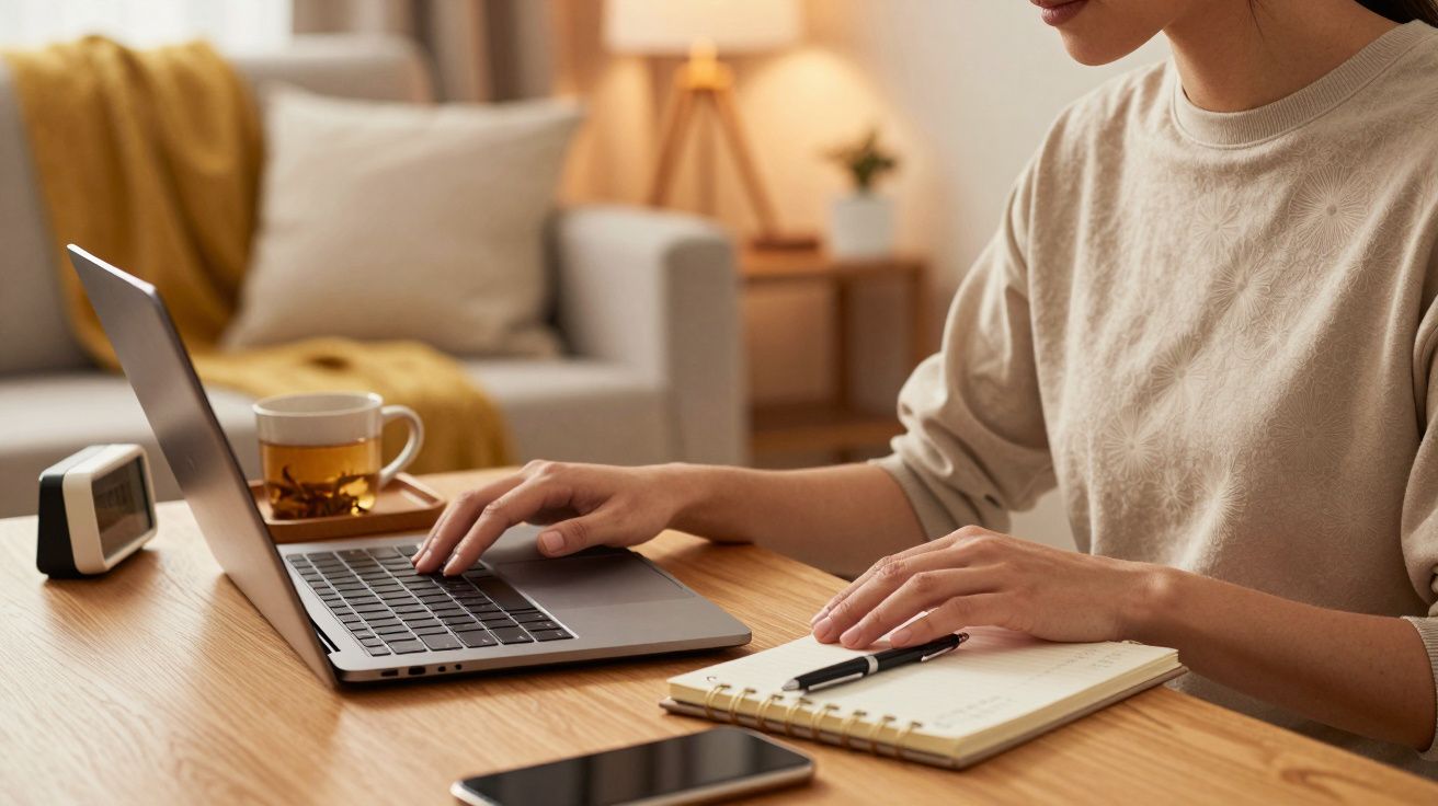 Person typing on a laptop at a wooden table with a notebook, smartphone, tea mug, and clock nearby. Warmly lit room.