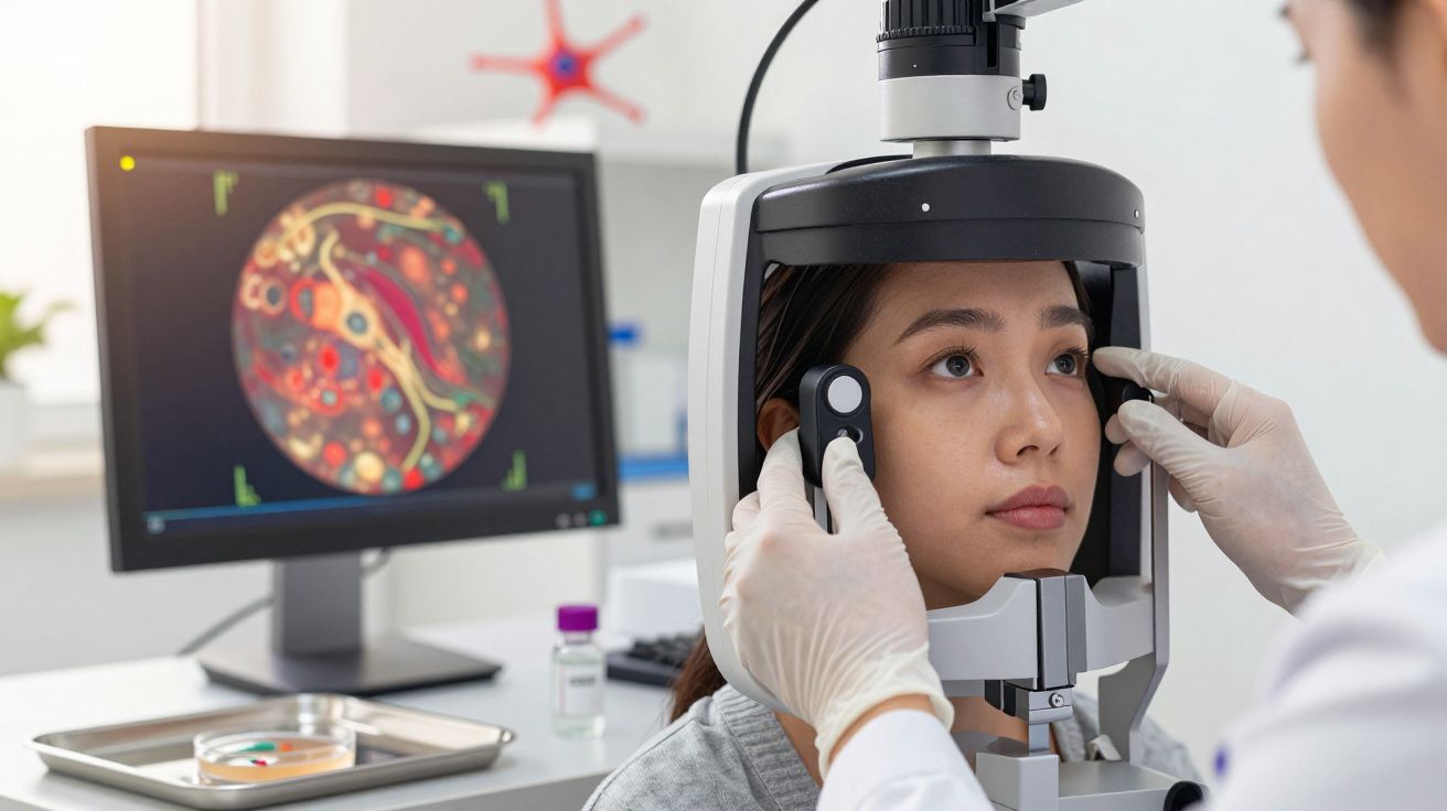A woman having an eye examination with digital retinal imaging equipment, while an optician adjusts the machine.