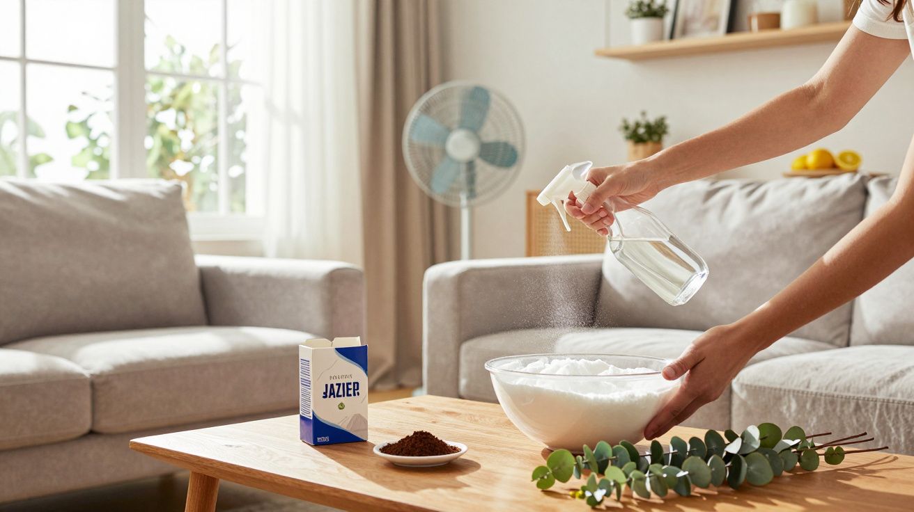 Person sprays water onto a bowl of white foam in a cosy living room with a fan, table, and sofa.