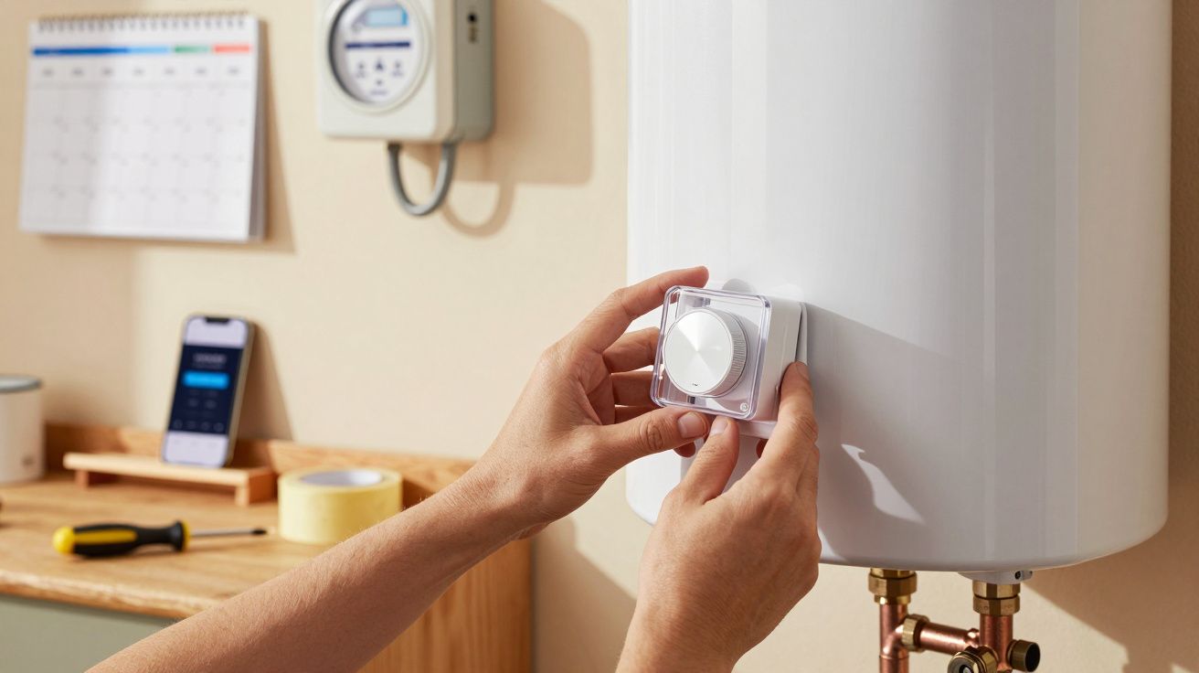 Hands adjusting thermostat on white water heater in a utility room, with tools and phone on wooden countertop.