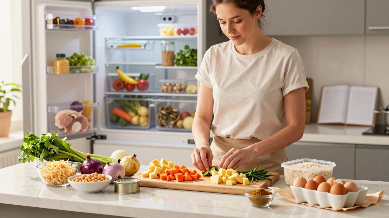 Woman chopping vegetables on kitchen counter, open fridge in background, surrounded by bowls of ingredients and eggs.