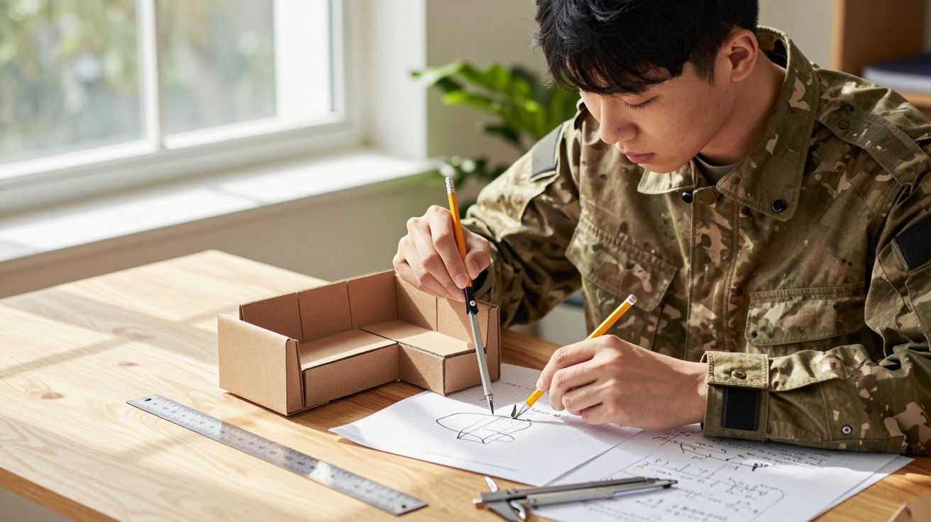 Person in camouflage outfit drawing plans with a compass, next to a small cardboard model on a wooden desk.