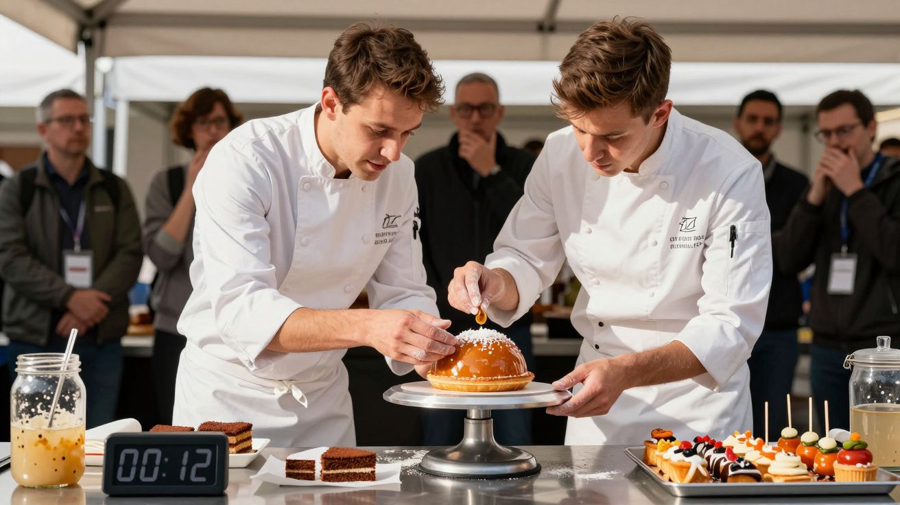 Two chefs decorating a cake on a stand during a baking competition, with an audience observing and a timer showing 12 seconds