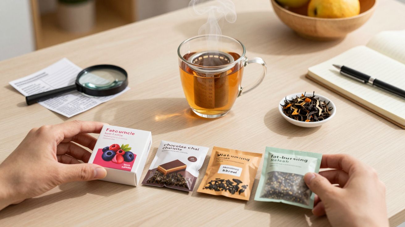 Hands holding tea pouches beside a steaming cup, notebook, and fruit bowl on a table.