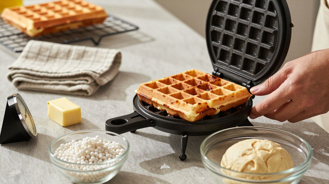 Person making waffles in a waffle maker beside bowls of dough and toppings, with a butter cube and timer nearby.