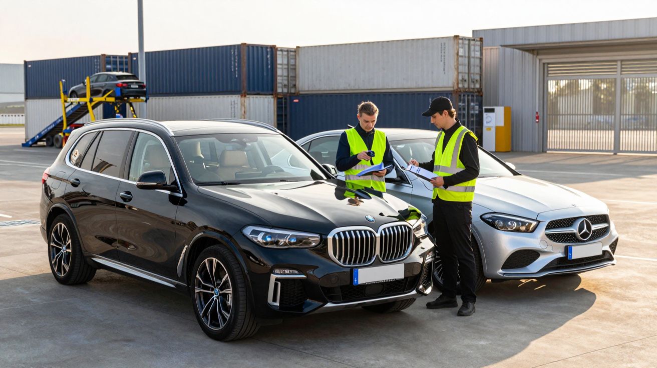 Two men in safety vests inspect parked black and silver cars near shipping containers.