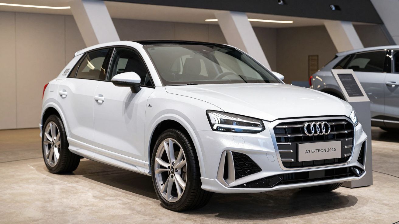 White Audi A3 e-tron 2025 on display in a showroom, front three-quarter view.