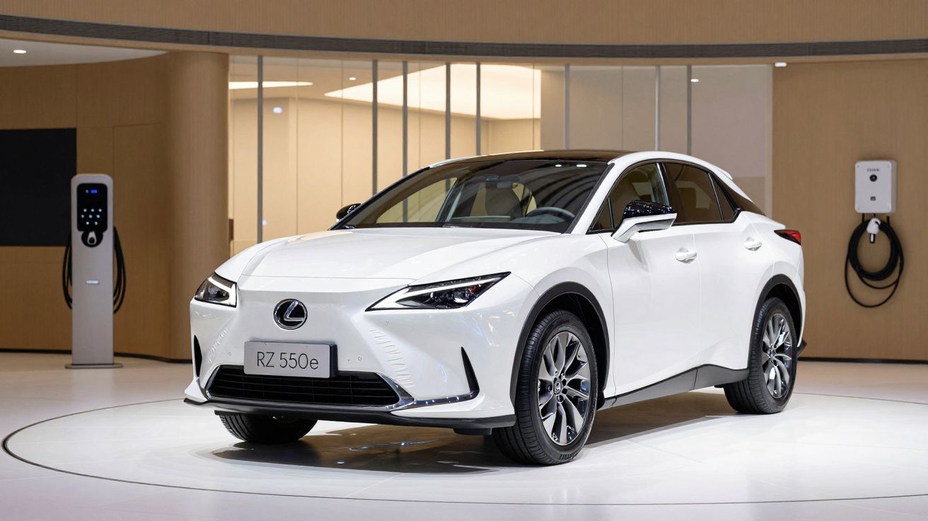 White electric SUV on display indoors, with sleek design and charging stations in the background.