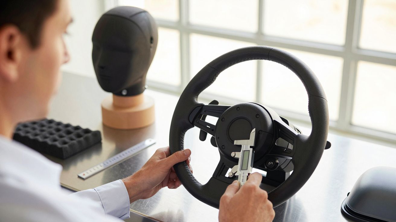 Person measuring a steering wheel with callipers on a desk, a mannequin head and tools visible in the background.