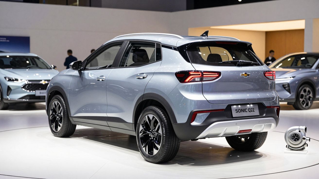 Silver Chevrolet Sonic Q22 SUV displayed at an indoor car show, with two similar cars blurred in the background.