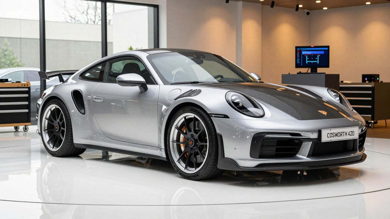 Silver sports car with carbon fibre detailing displayed in a well-lit showroom, labelled "Cosworth 420" on the front.